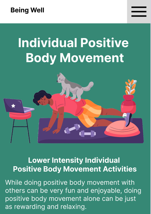 Image of a positive body movement education screen from the Being Well Figma App Prototype